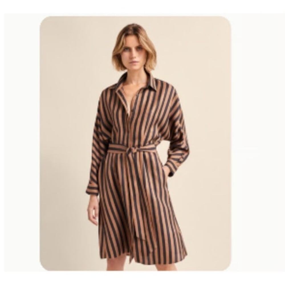 Massimo Dutti dress size 6 midi shirt dress brown black striped linen corpcore